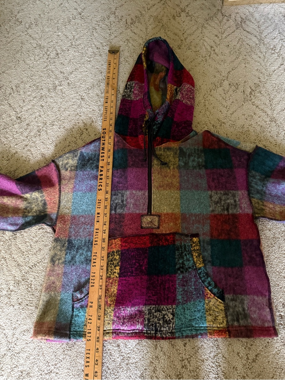 Plaid Multicolor Half-Zip Hoodie Sweatshirt - Pink Teal Mustard - Picture 11 of 15